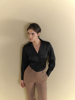 FableStreet - Women Black Satin Puff Sleeves Shirt