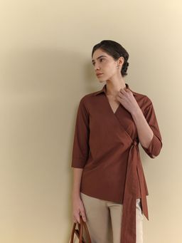 FableStreet - Women Brown Cotton Three Fourth Sleeves Shirt