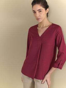 FableStreet - Women Maroon Polyester Three Fourth Sleeves Top