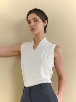 FableStreet - Women White Polyester Sleeveless Top