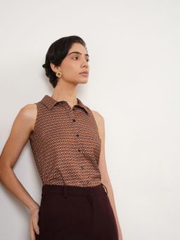 FableStreet - Women Brown Polyester Sleeveless Top