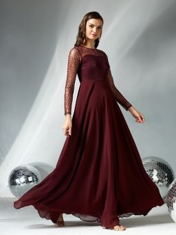 Miss Chase - Women Wine Georgette Full Sleeves Dress