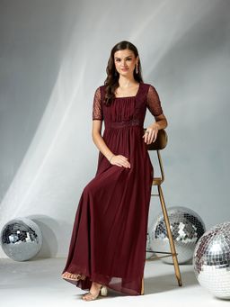 Miss Chase - Women Wine Georgette Half Sleeves Dress