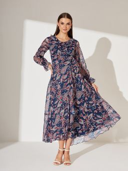 Miss Chase - Women Navy Blue Chiffon Full Sleeves Dress