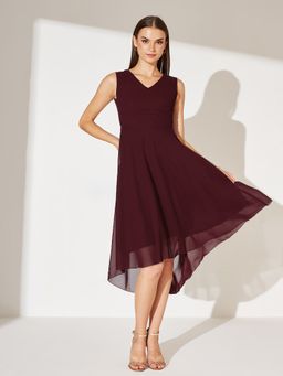 Miss Chase - Women Maroon Georgette Sleeveless Dress