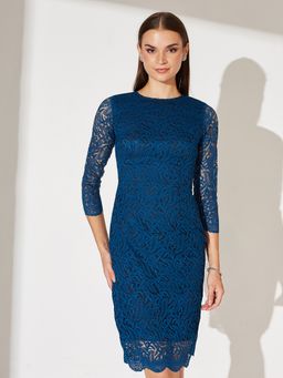 Miss Chase - Women Blue Lace Three Fourth Sleeves Dress