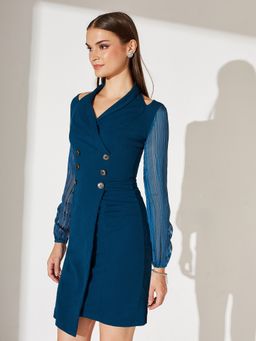 Miss Chase - Women Teal Polyester Full Sleeves Dress