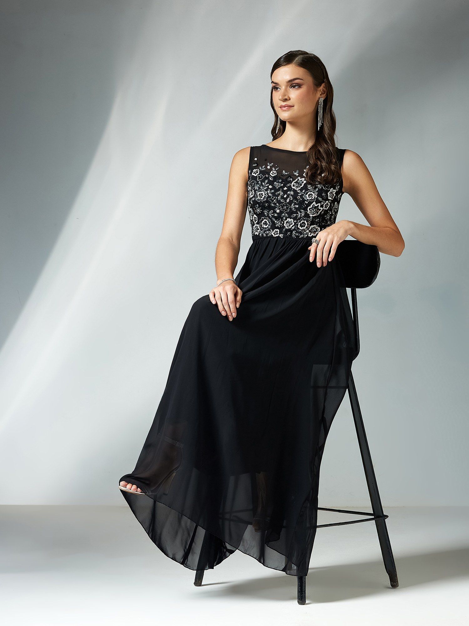 miss chase Women's Black Boat Neck Sleeveless Solid Embellished Maxi Dress-picture-17