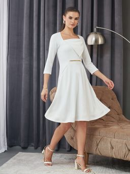 Miss Chase - Women Off White Polyester Three Fourth Sleeves Dress
