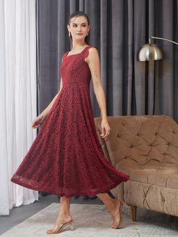 Miss Chase - Women Maroon Lace Sleeveless Dress