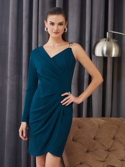 Miss Chase - Women Teal Polyester Full Sleeves Dress