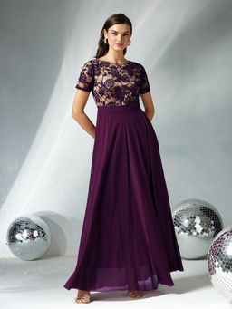 Miss Chase - Women Purple Georgette Half Sleeves Dress
