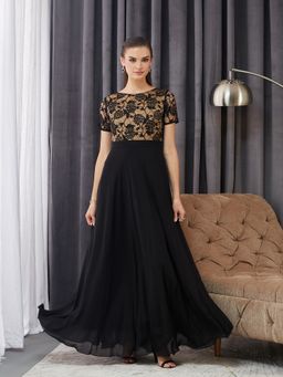 Miss Chase - Women Black Georgette Half Sleeves Dress