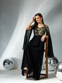 Miss Chase - Women Black Georgette Cape Dress