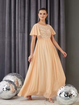 Miss Chase - Women Peach Georgette Half Sleeves Dress