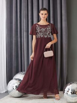 Miss Chase - Women Wine Georgette Half Sleeves Dress