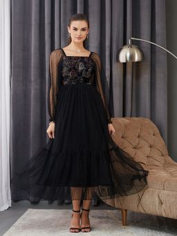 Miss Chase - Womens Black Square Neck Raglan Sleeve Floral Tiered Midi Dress