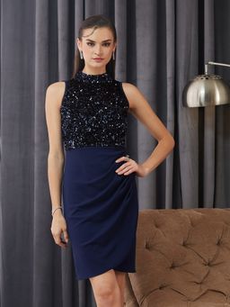 Miss Chase - Women Navy Blue Polyester Sleeveless Dress