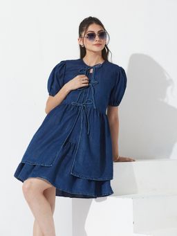 Miss Chase - Women Blue Denim Puff Sleeves Dress