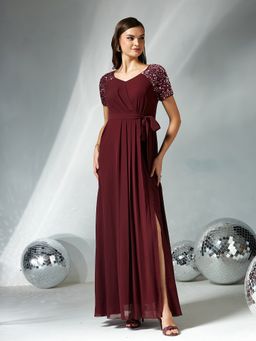 Miss Chase - Women Wine Polyester Half Sleeves Dress