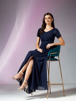 Miss Chase - Women Blue Polyester Half Sleeves Dress