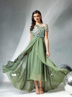 Miss Chase - Women Green Georgette Half Sleeves Dress