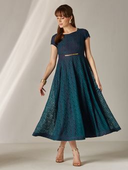 Miss Chase - Women Teal Lace Half Sleeves Dress