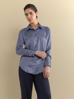 FableStreet - Women Navy Blue Satin Full Sleeves Shirt