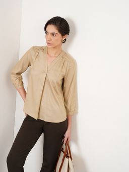 FableStreet - Women Beige Viscose Three Fourth Sleeves Top
