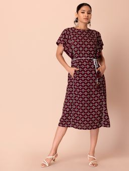Indya - Maroon Foil Boota Belted A-line Dress