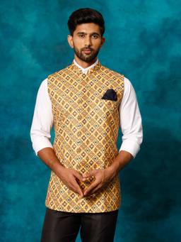 Vastramay - Men'S Mustard Yellow Printed Nehru Jacket