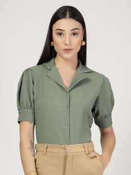 Style Quotient - Women Sage Green Solid Textured Polyester Puff Sleeve Formal Shirt