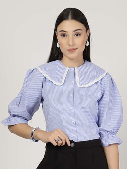 Style Quotient - Women Striped Blue Polycotton Formal Shirt