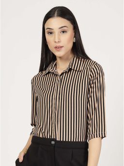 Style Quotient - Women Black Stripe Formal Polyester Shirt