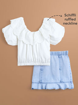 Hopscotch - 2-Pc Ruffled Top and Denim Skirt