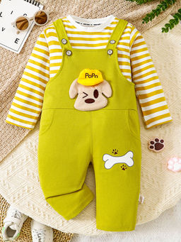 Hopscotch - 2-Piece Green Stripe Print T-Shirt and Dungaree