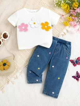 Hopscotch - 2-Piece Floral Applique T-Shirt and Jeans