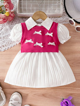 Hopscotch - Textured Puff Sleeve Casual Dress with Vest