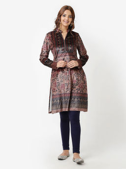 Lakshita - Beige Printed Velvet Straight Kurta with Neck Embellishment