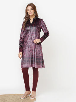 Lakshita - Maroon Printed Velvet Straight Kurta with Neck Embellishment