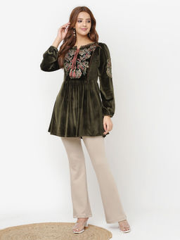 Lakshita - Olive Velvet Tunic with Thread Work & Tassels