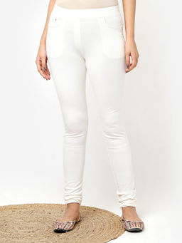 Lakshita - Ivory Solid Elastic Jegging with Pocket & Rivets Detailing