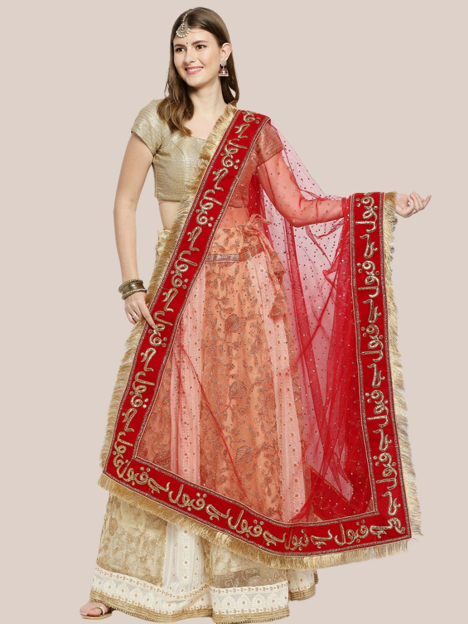 dupatta bazaar Womens Red Net Qabool Bridal Nikha Dupatta-picture-13