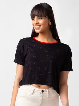 Spykar - Women Black Blended Slim Fit Half Sleeve Printed Crop Top