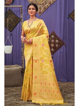 Sangam Prints - Yellow Organza Woven Zari Work Traditional Tassel Saree with Unstitched Blouse