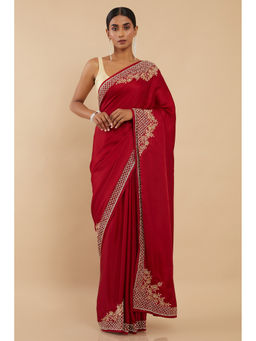 Soch - Maroon Georgette Solid Saree with Unstitched