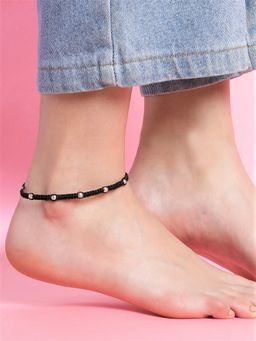 Zavya - Classic Beaded Rhodium Plated 925 Sterling Silver Thread Anklet Single Piece