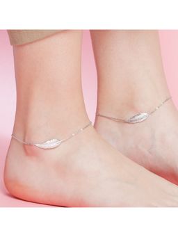Zavya - Leafy Rhodium Plated 925 Sterling Silver Link Chained Pair of Anklets