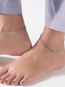 Zavya - Leafy Multistring Rhodium Plated 925 Sterling Silver Chained Pair of Anklets
