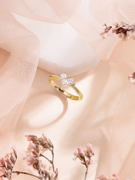 Zavya Golden Love Gold-Plated 925 Sterling Silver Ring with White Cubic Zirconia